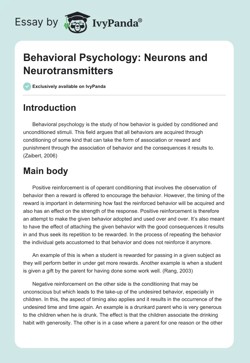 Behavioral Psychology: Neurons and Neurotransmitters. Page 1
