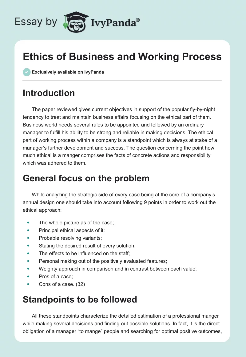 Ethics of Business and Working Process. Page 1
