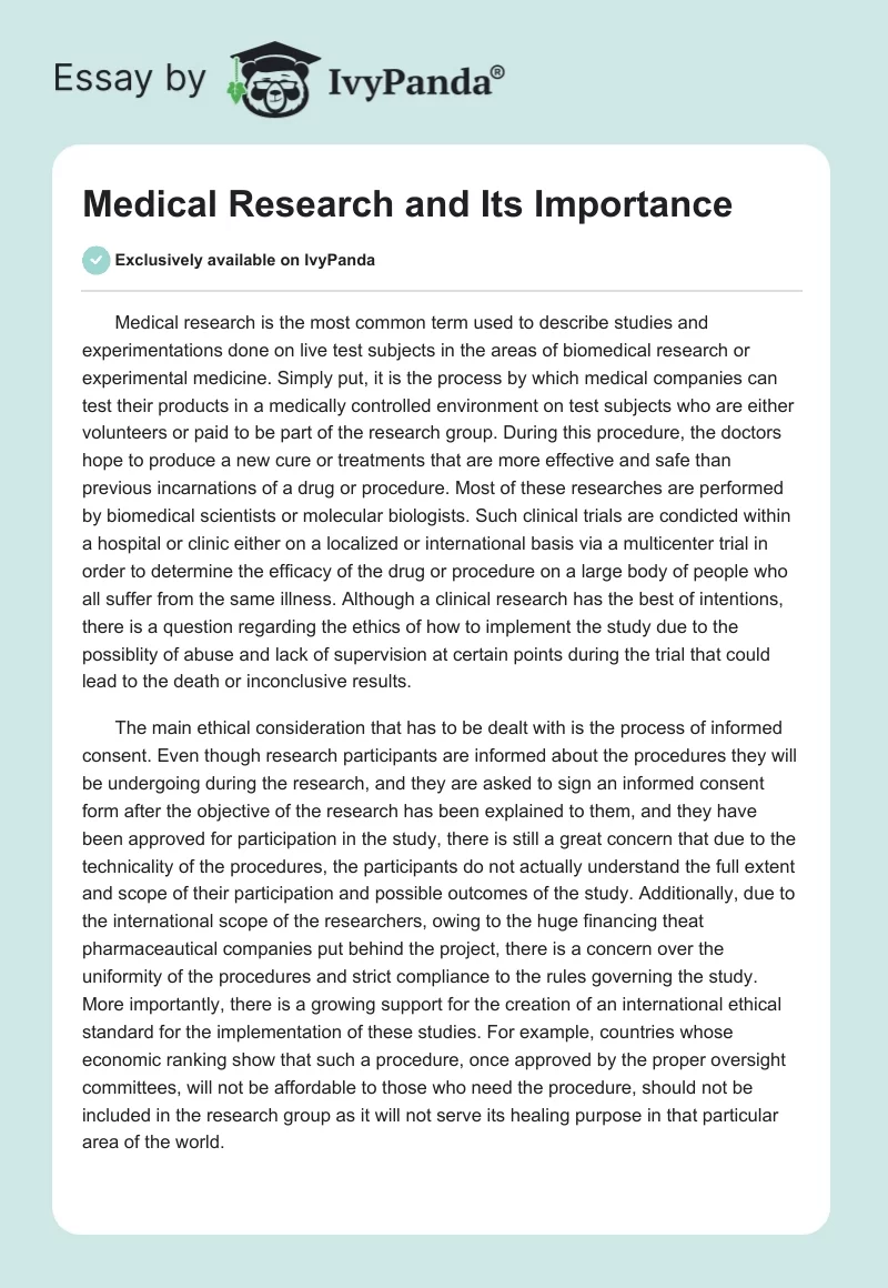Medical Research and Its Importance. Page 1