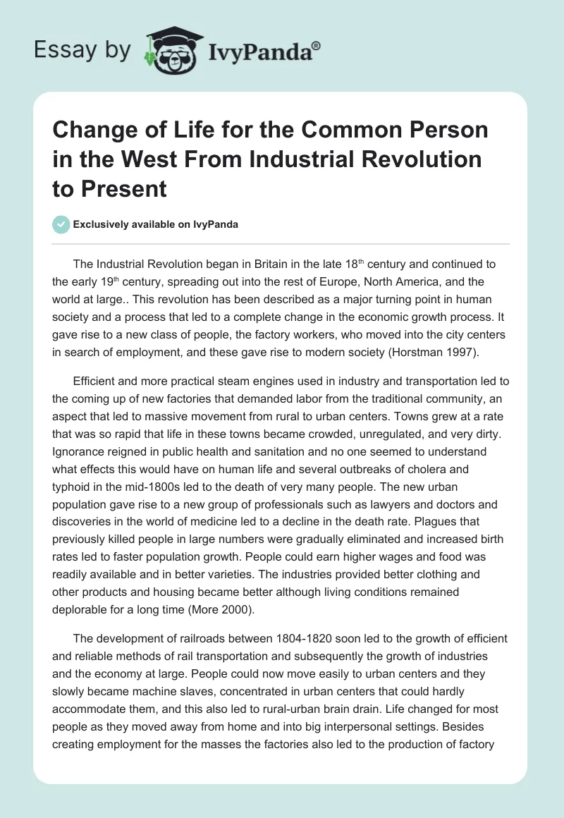 Change of Life for the Common Person in the West From Industrial Revolution to Present. Page 1