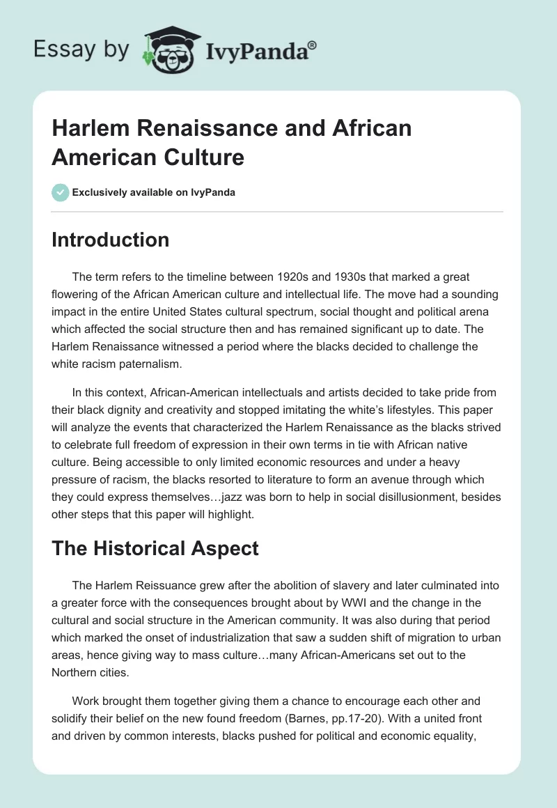 Harlem Renaissance and African American Culture. Page 1