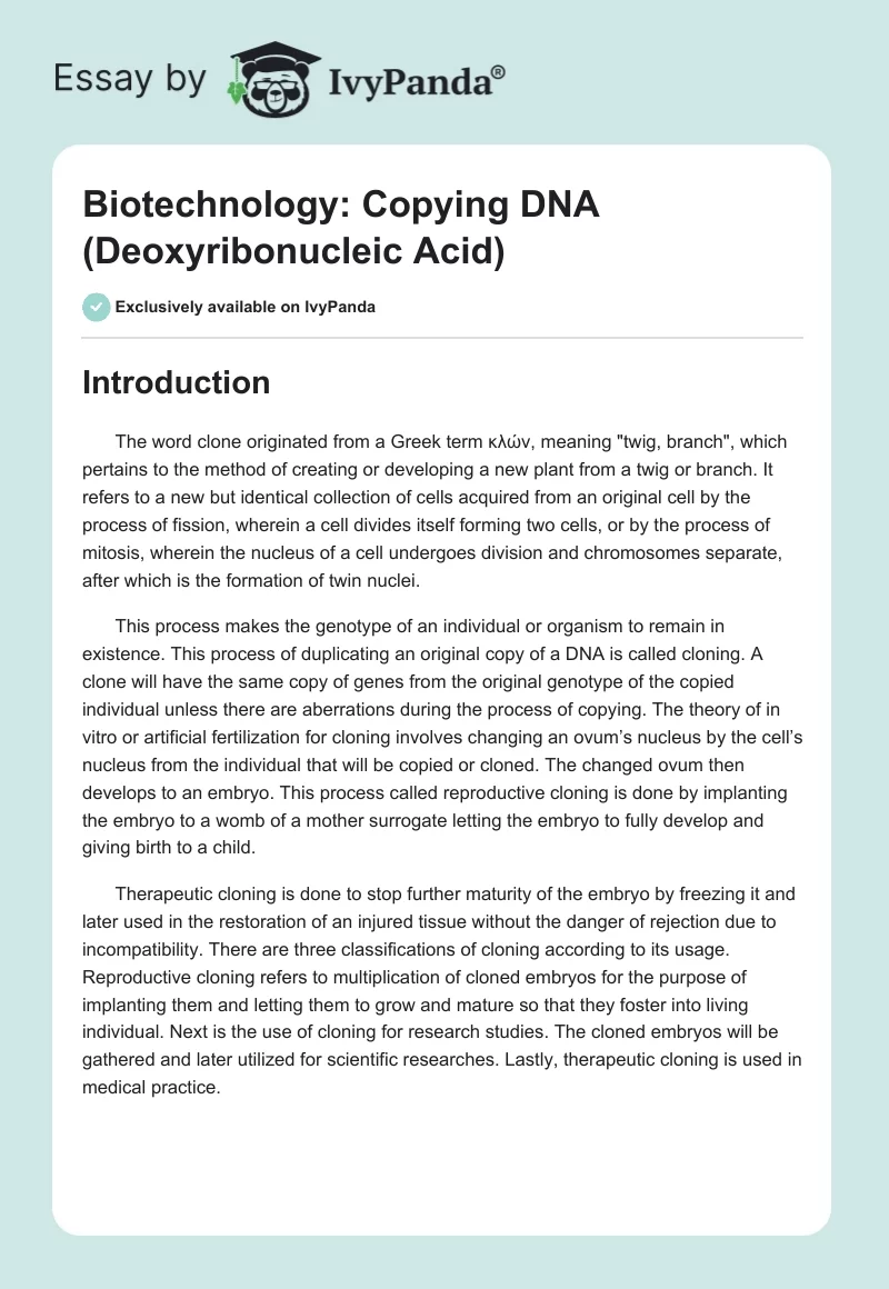 Biotechnology: Copying DNA (Deoxyribonucleic Acid). Page 1