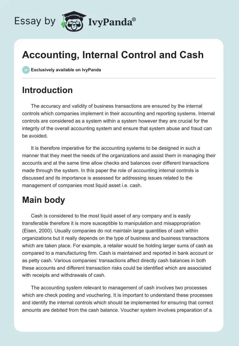 Accounting, Internal Control and Cash. Page 1