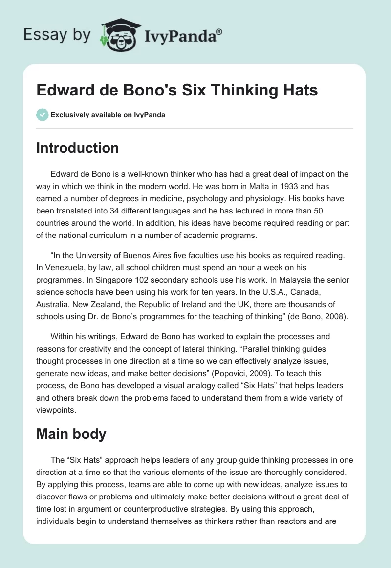 Edward de Bono's Six Thinking Hats. Page 1