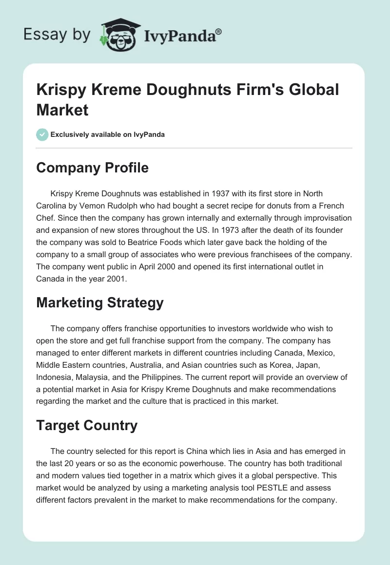 Krispy Kreme Doughnuts Firm's Global Market. Page 1