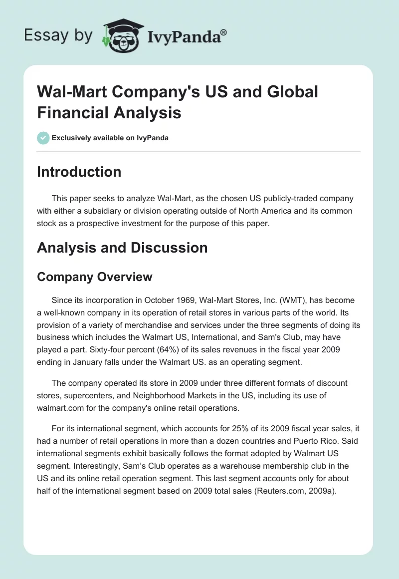 Wal-Mart Company's US and Global Financial Analysis. Page 1