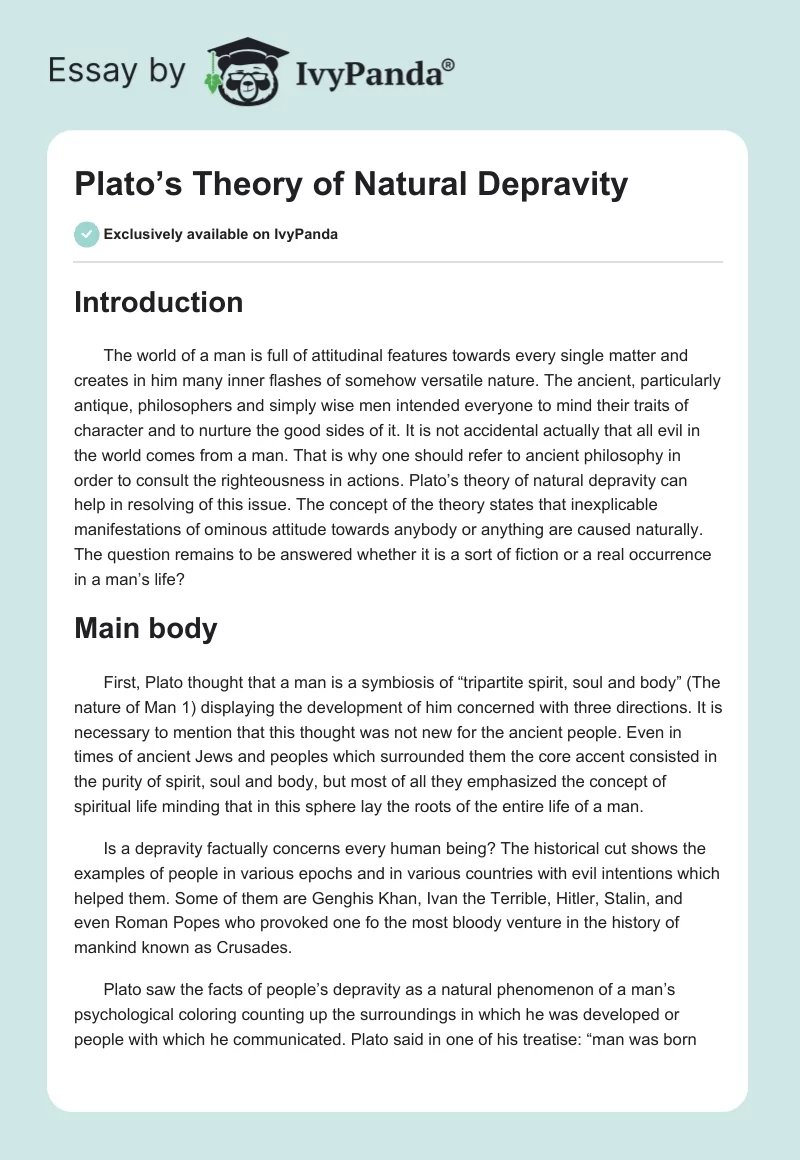 Plato’s Theory of Natural Depravity. Page 1