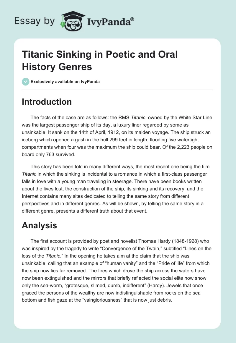 Titanic Sinking in Poetic and Oral History Genres. Page 1