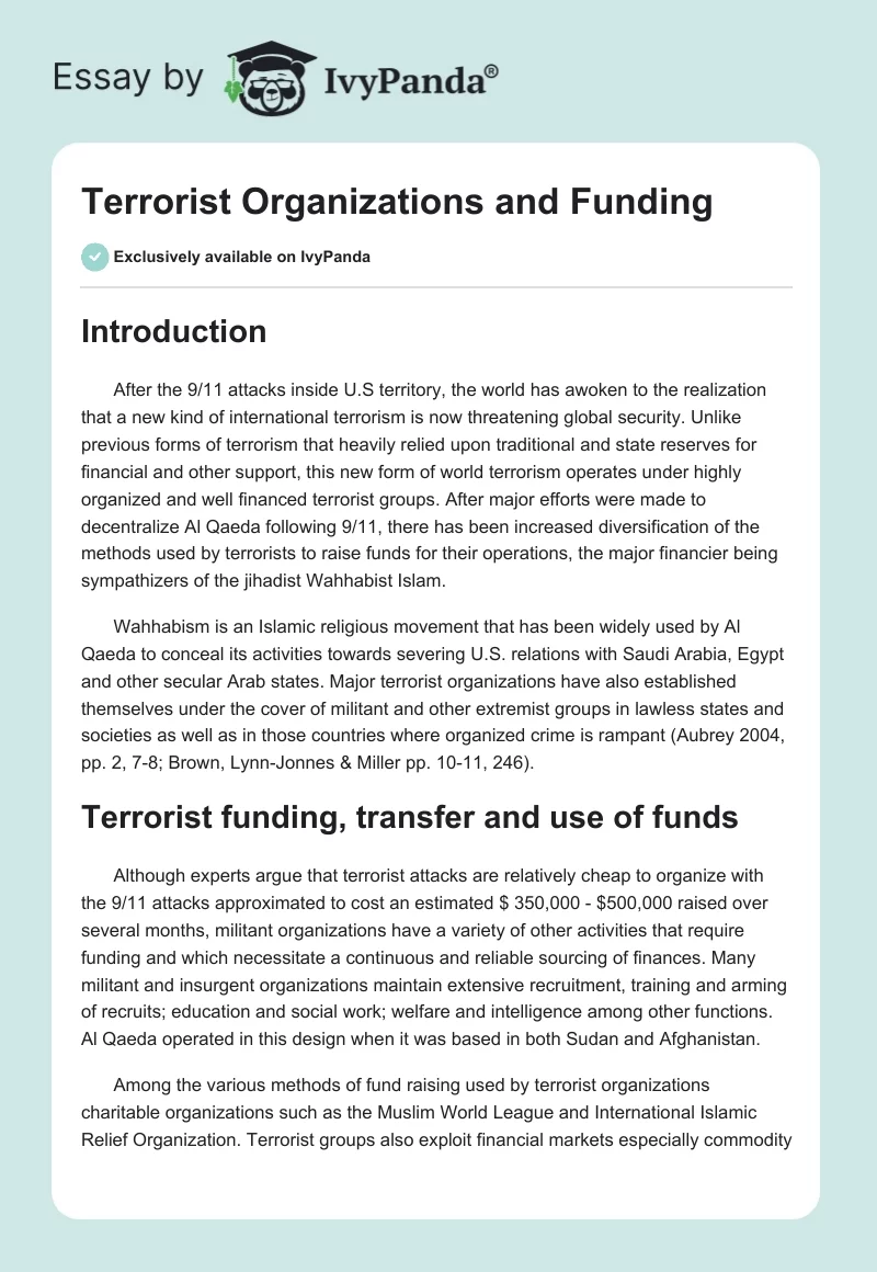 Terrorist Organizations and Funding. Page 1