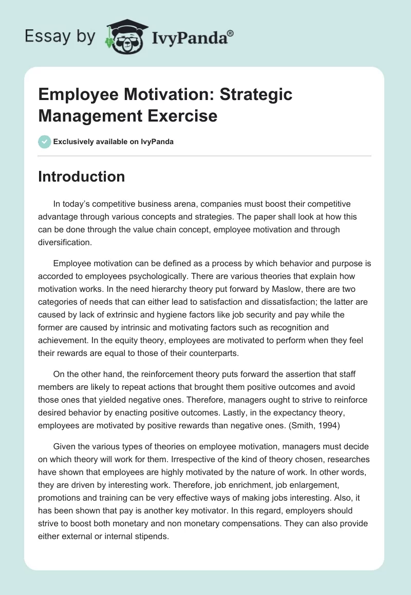 Employee Motivation: Strategic Management Exercise. Page 1