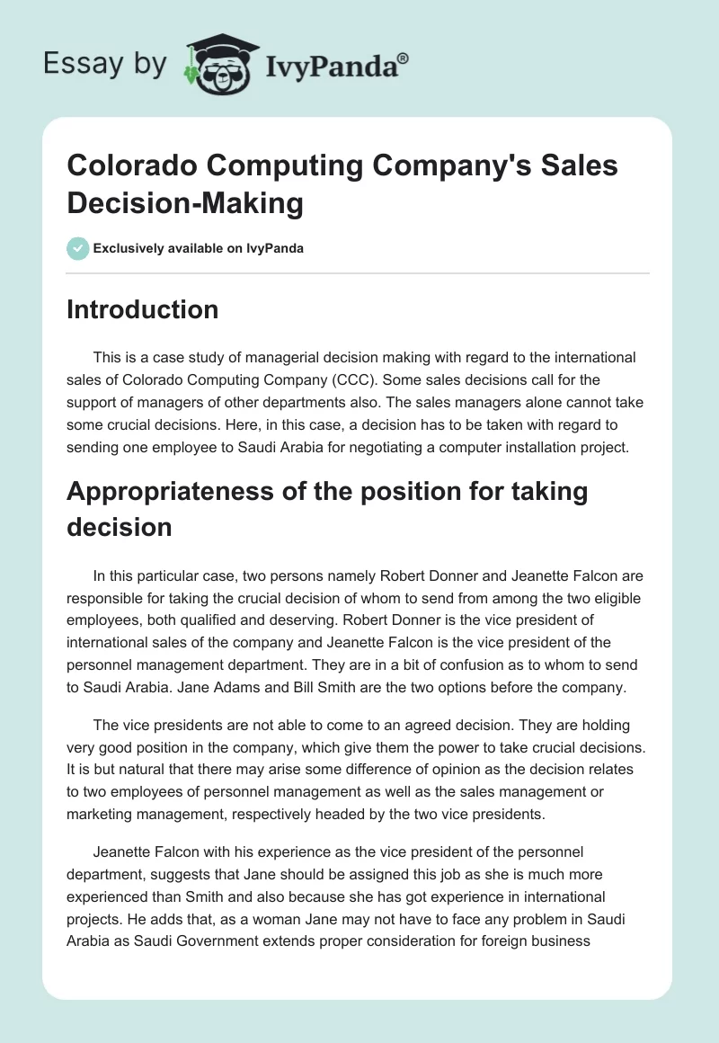 Colorado Computing Company's Sales Decision-Making. Page 1