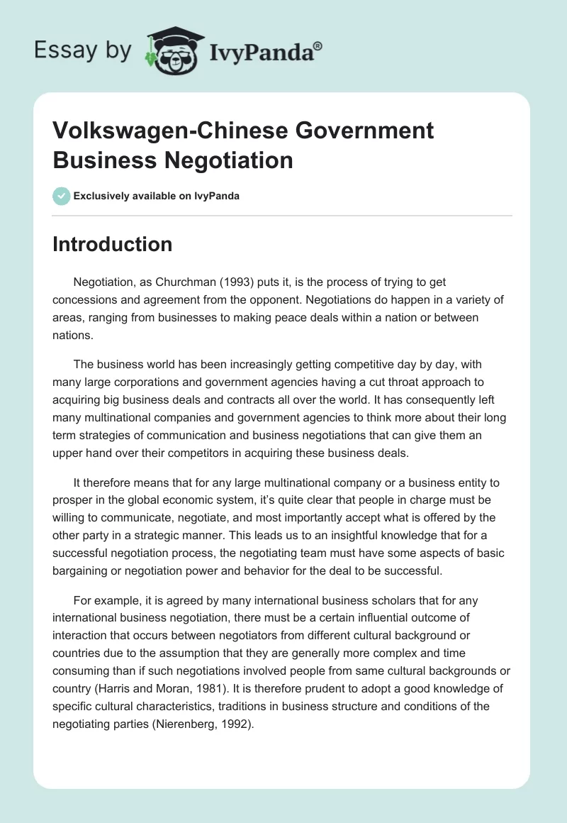 Volkswagen-Chinese Government Business Negotiation. Page 1