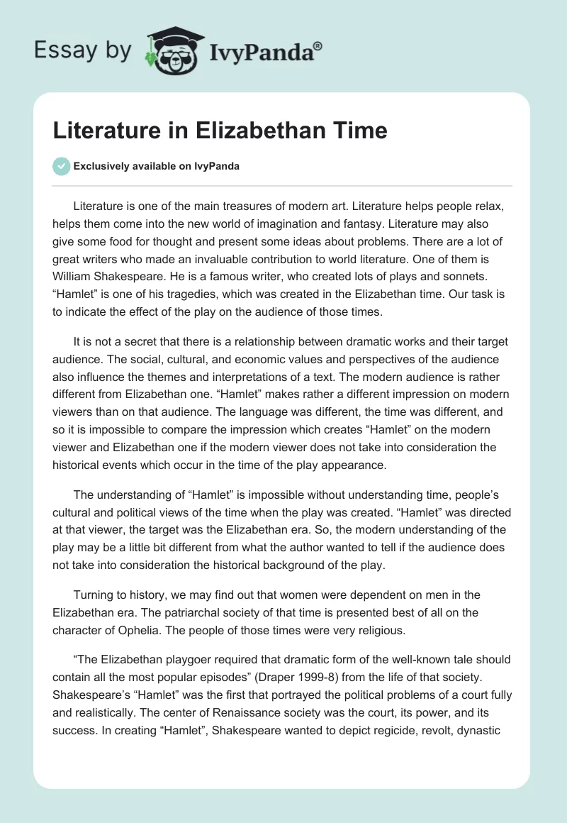 Literature in Elizabethan Time. Page 1