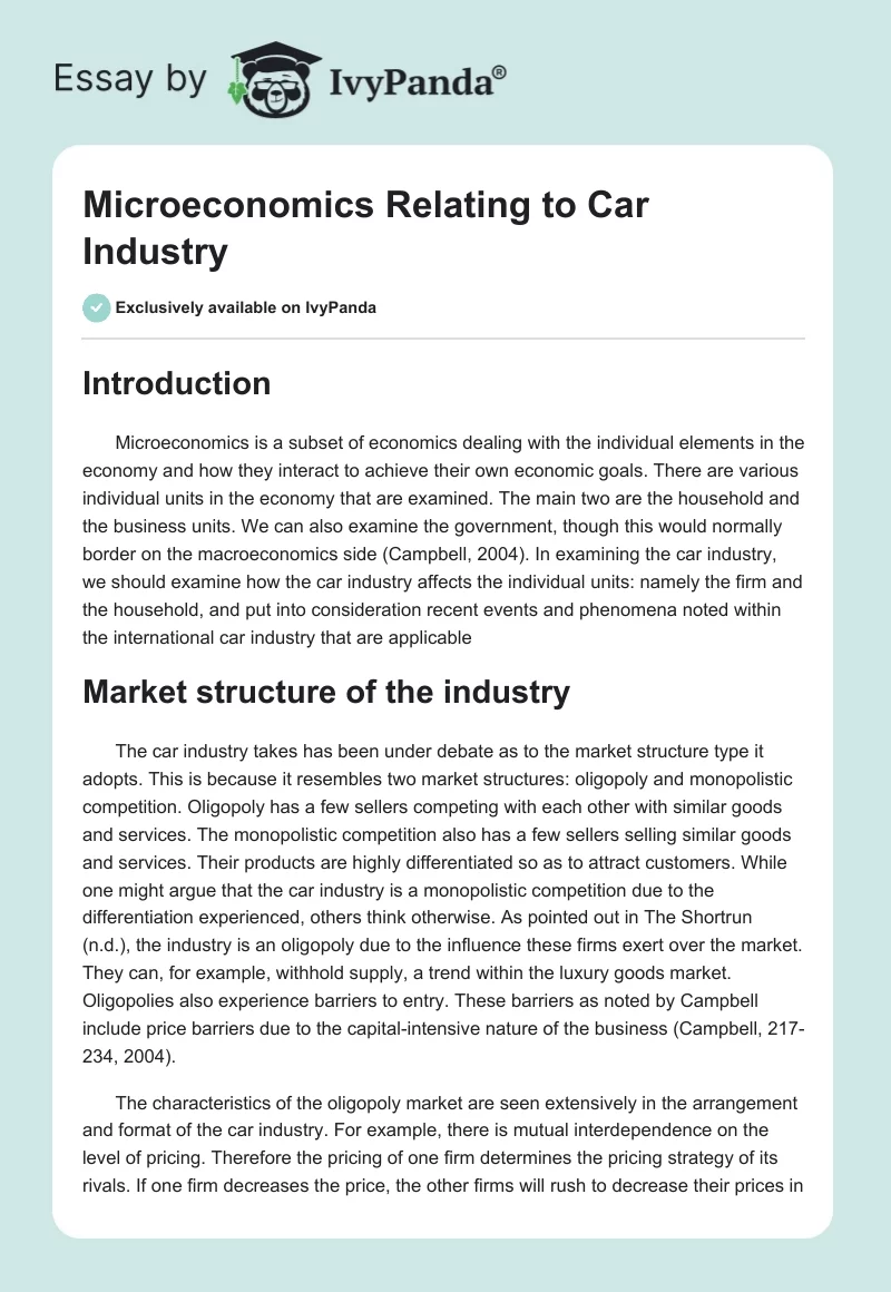 Microeconomics Relating to Car Industry. Page 1