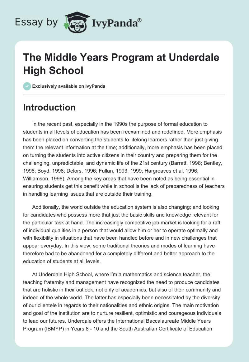 The Middle Years Program at Underdale High School. Page 1