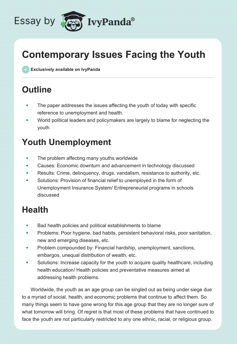 Contemporary Issues Facing the Youth. Page 1