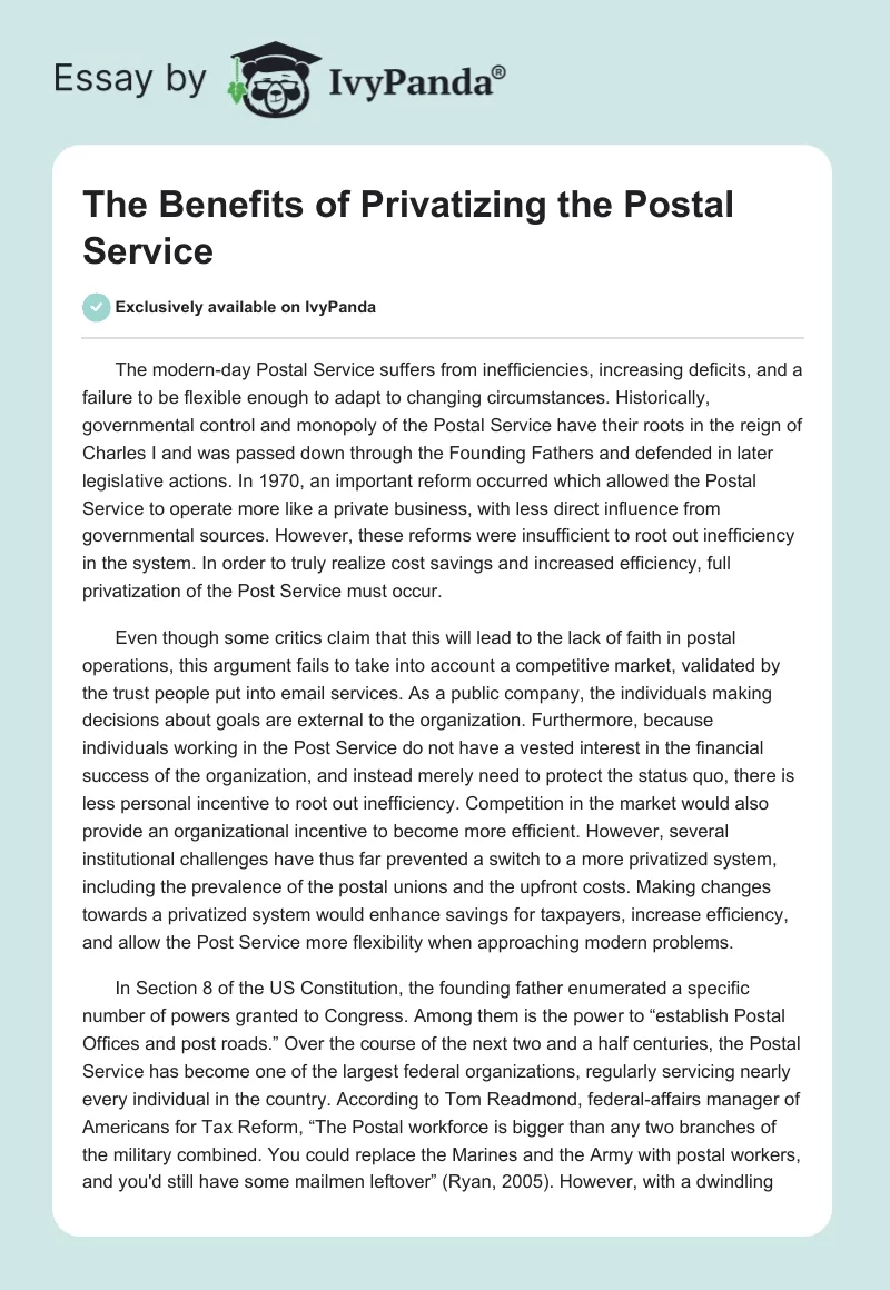 The Benefits of Privatizing the Postal Service. Page 1