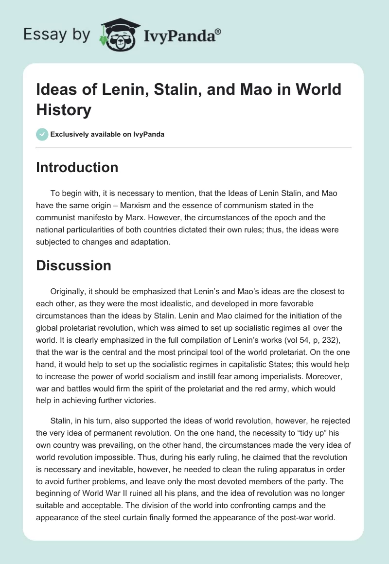 Ideas of Lenin, Stalin, and Mao in World History. Page 1