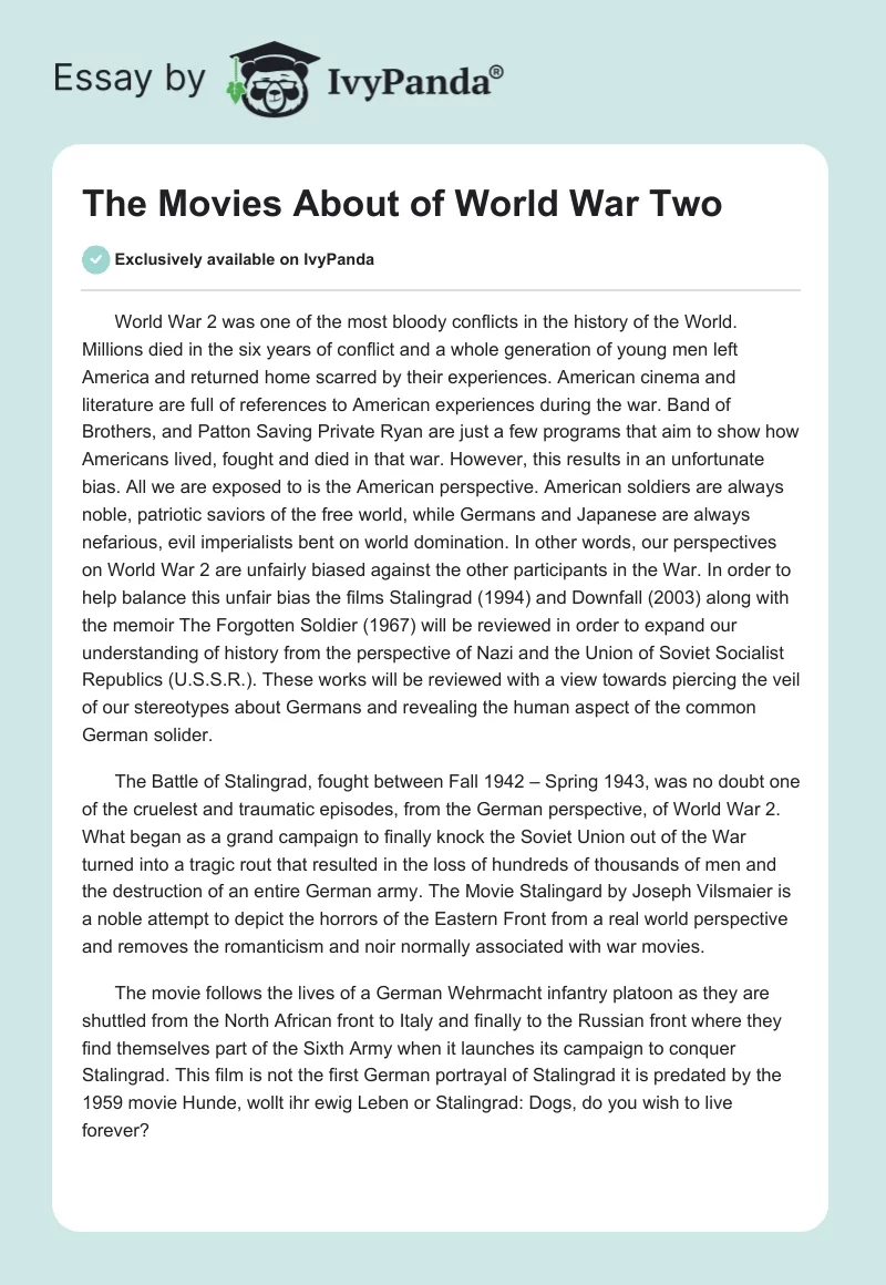 The Influence of the Second World War on the 20th and 21st Centuries' Cinema. Page 1