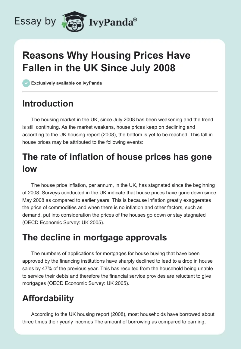 Reasons Why Housing Prices Have Fallen in the UK Since July 2008. Page 1