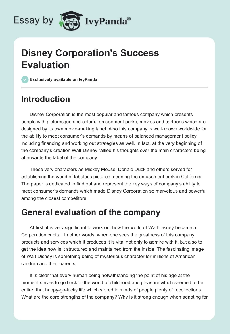 Disney Corporation's Success Evaluation. Page 1