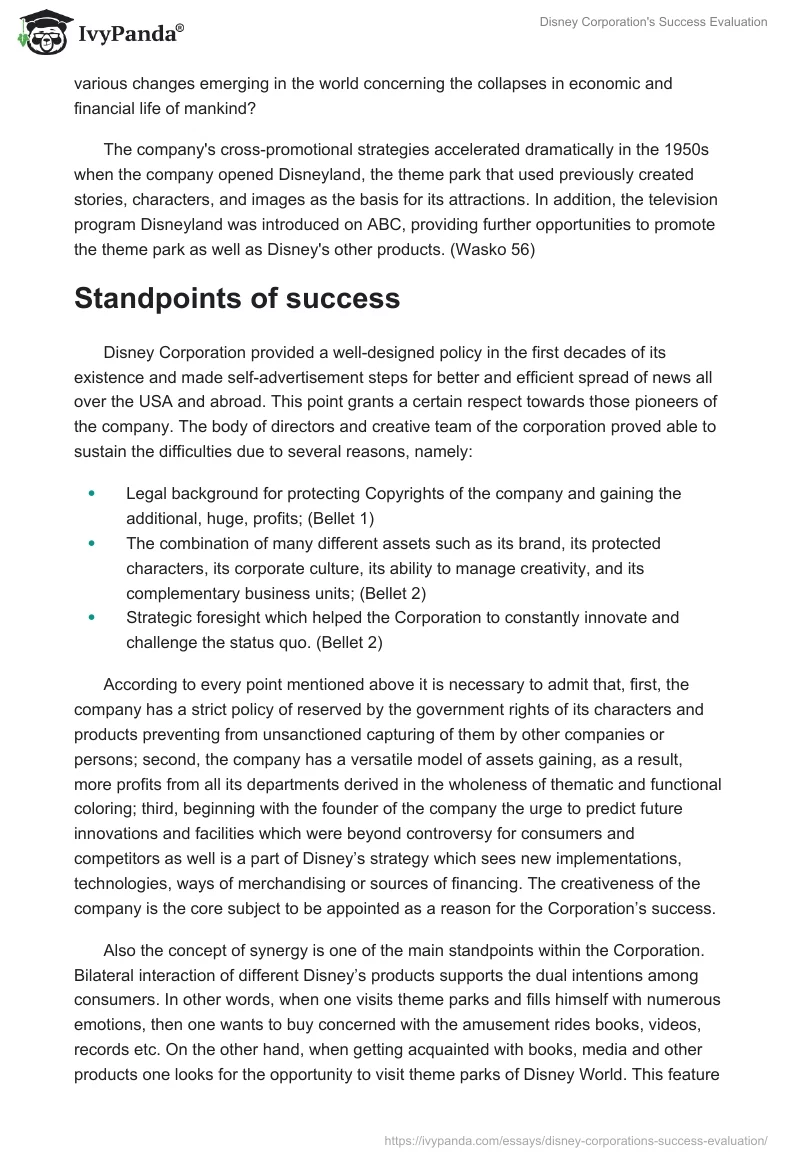 Disney Corporation's Success Evaluation. Page 2