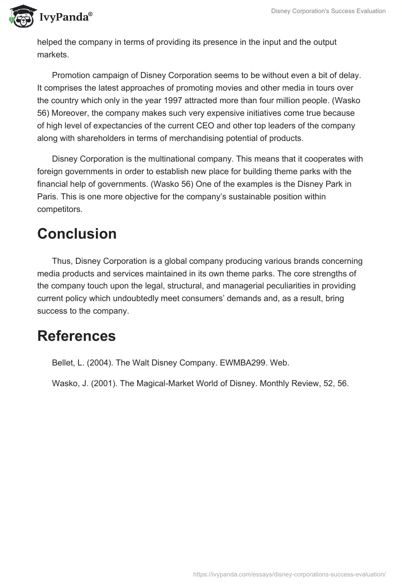 Disney Corporation's Success Evaluation. Page 3