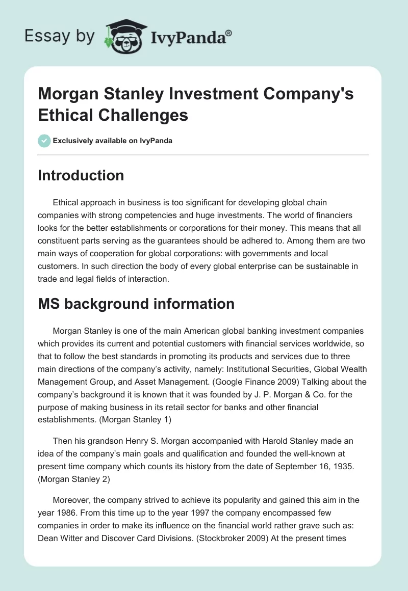 Morgan Stanley Investment Company's Ethical Challenges. Page 1