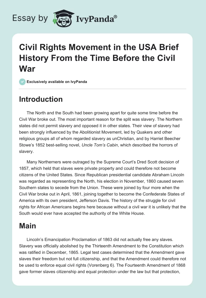 Civil Rights Movement in the USA Brief History From the Time Before the Civil War. Page 1