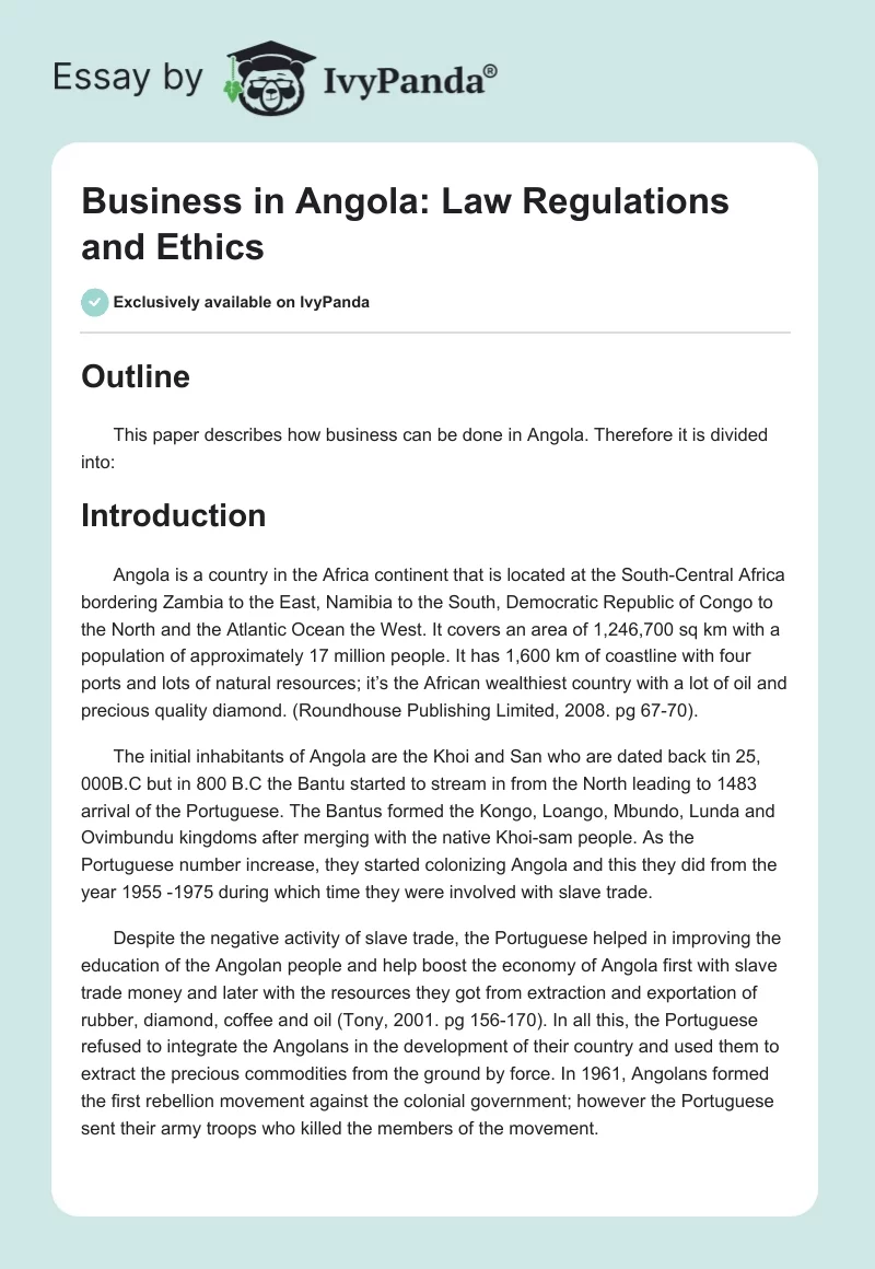 Business in Angola: Law Regulations and Ethics. Page 1