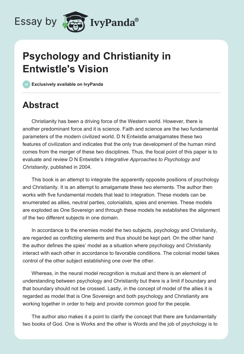 Psychology and Christianity in Entwistle's Vision. Page 1