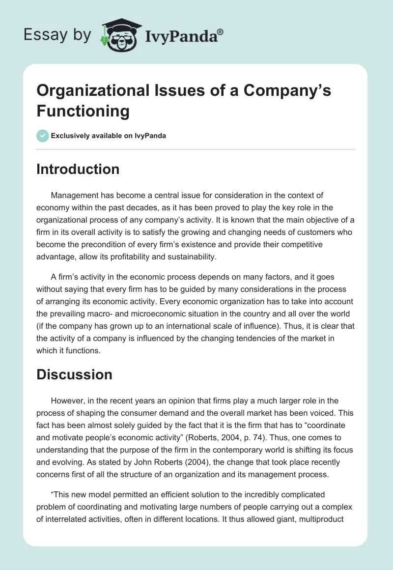 Organizational Issues of a Company’s Functioning. Page 1