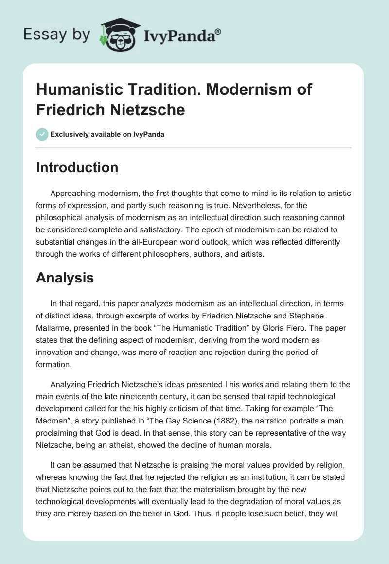 Humanistic Tradition. Modernism of Friedrich Nietzsche. Page 1