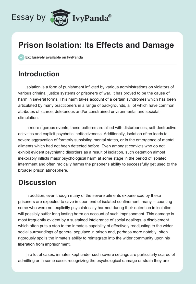 Prison Isolation: Its Effects and Damage. Page 1