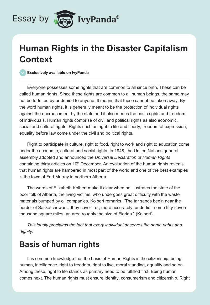 Human Rights in the Disaster Capitalism Context. Page 1