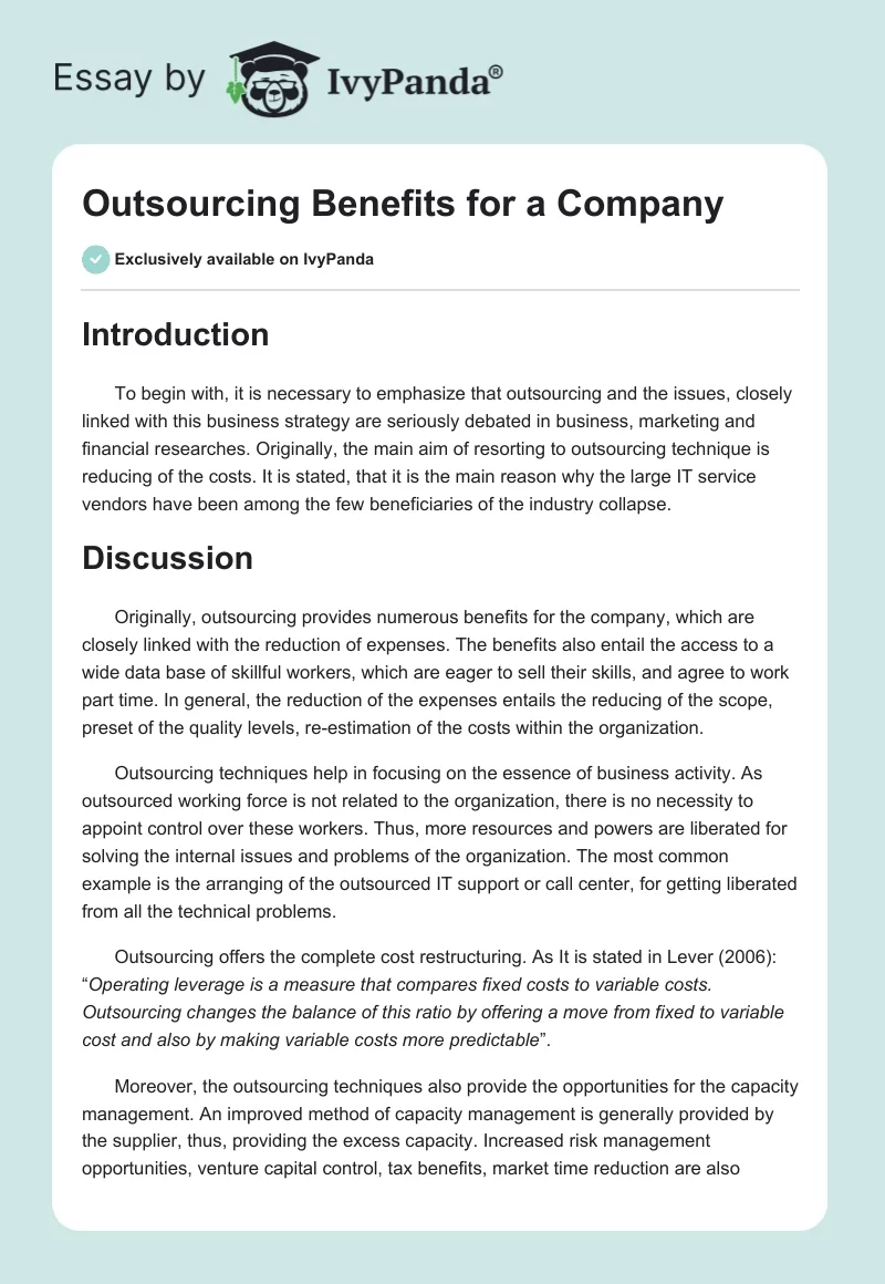 Outsourcing Benefits for a Company. Page 1