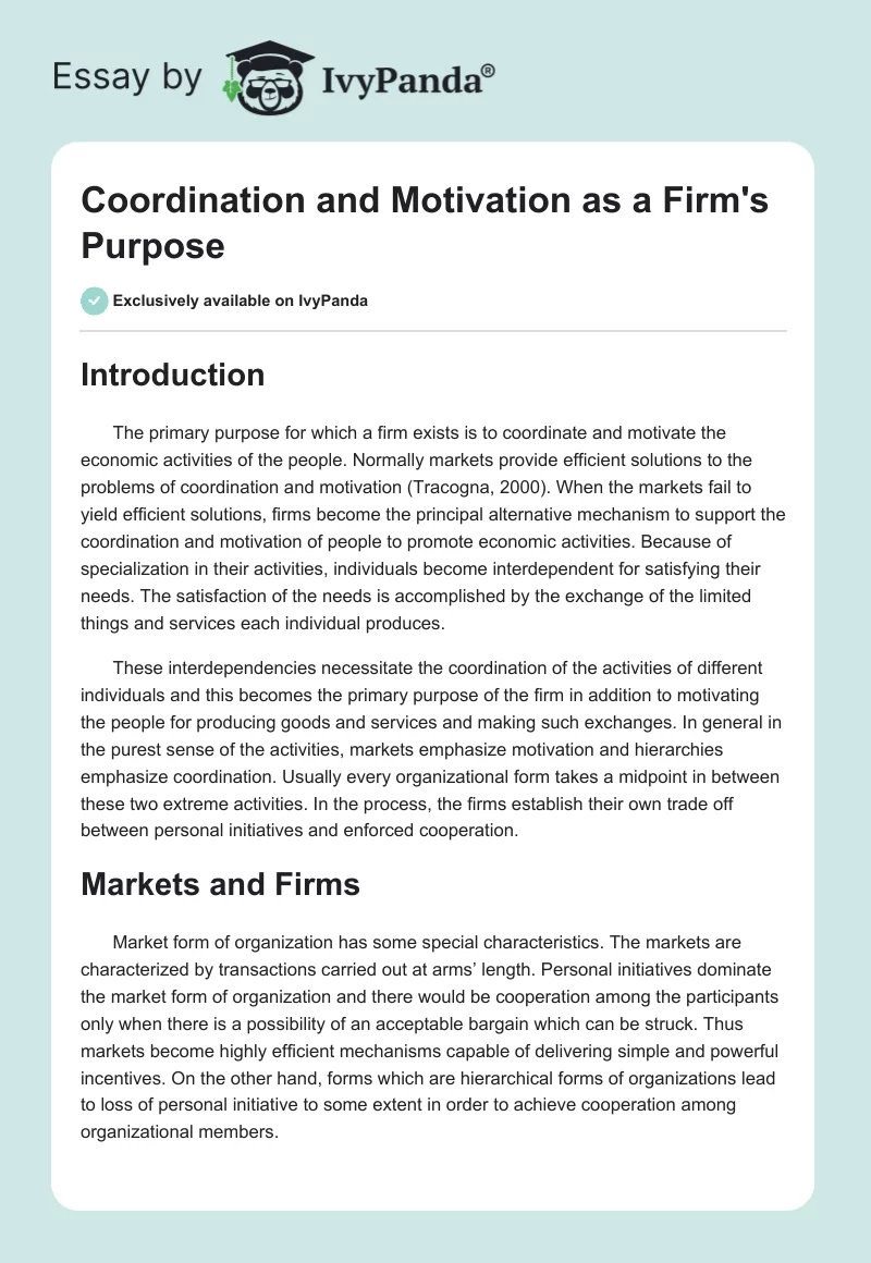 Coordination and Motivation as a Firm's Purpose. Page 1