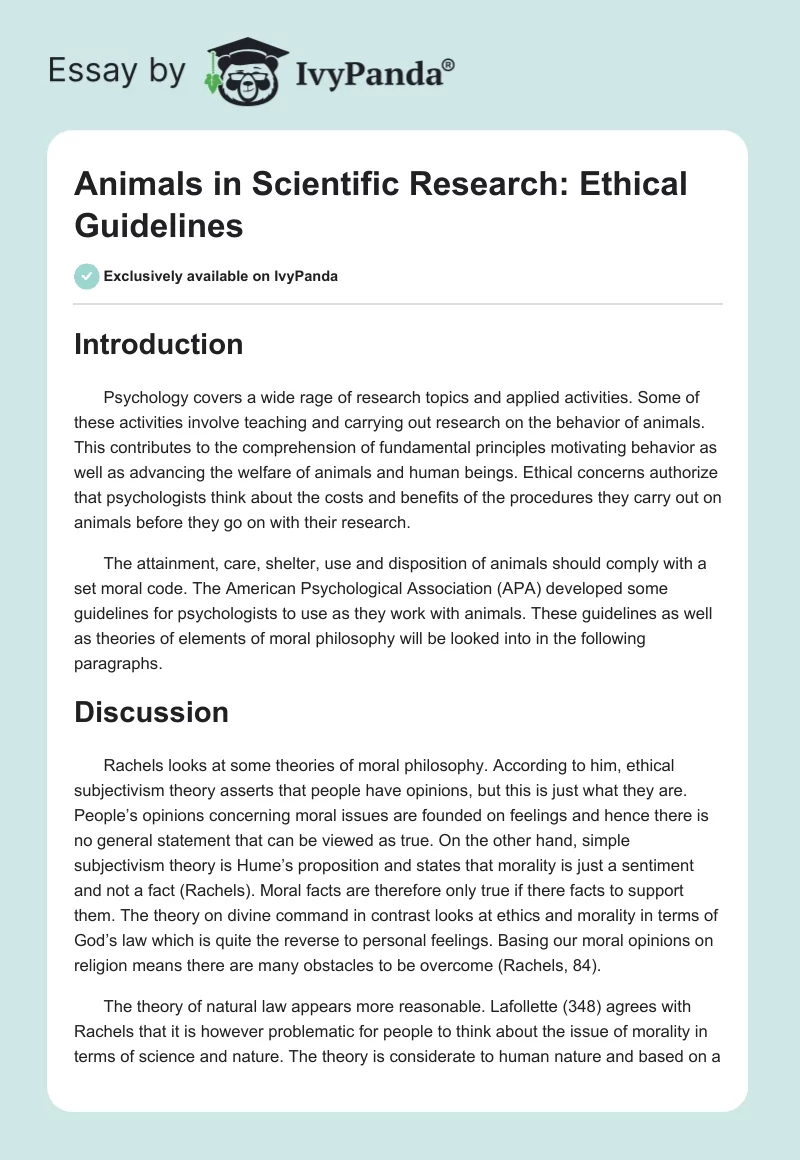 Animals in Scientific Research: Ethical Guidelines. Page 1
