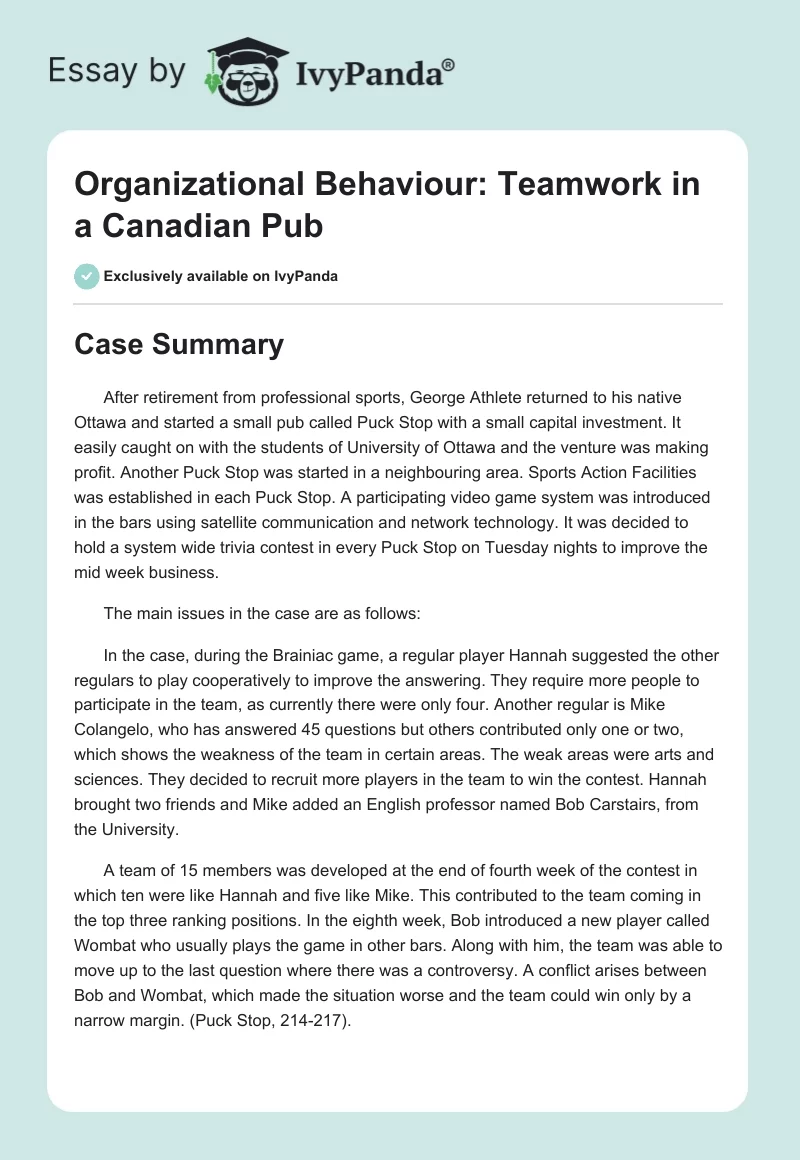 Organizational Behaviour: Teamwork in a Canadian Pub. Page 1
