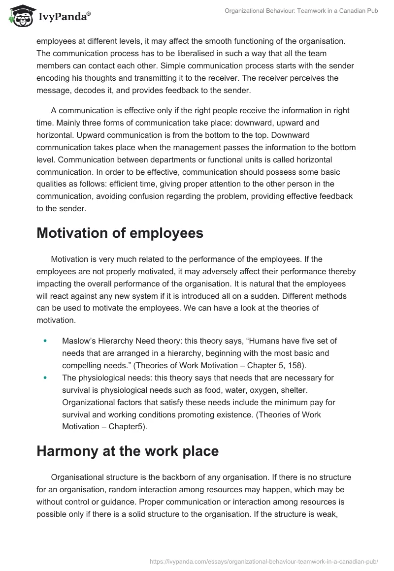 Organizational Behaviour: Teamwork in a Canadian Pub. Page 4