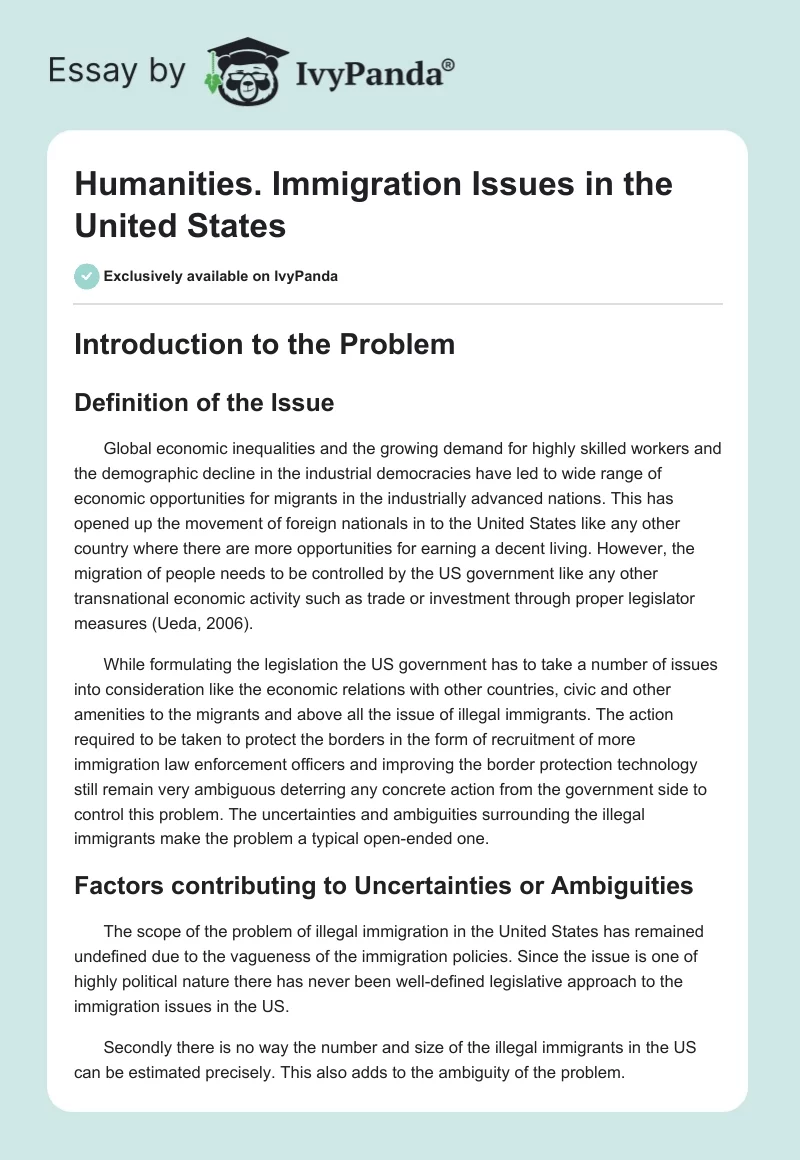 Humanities. Immigration Issues in the United States. Page 1