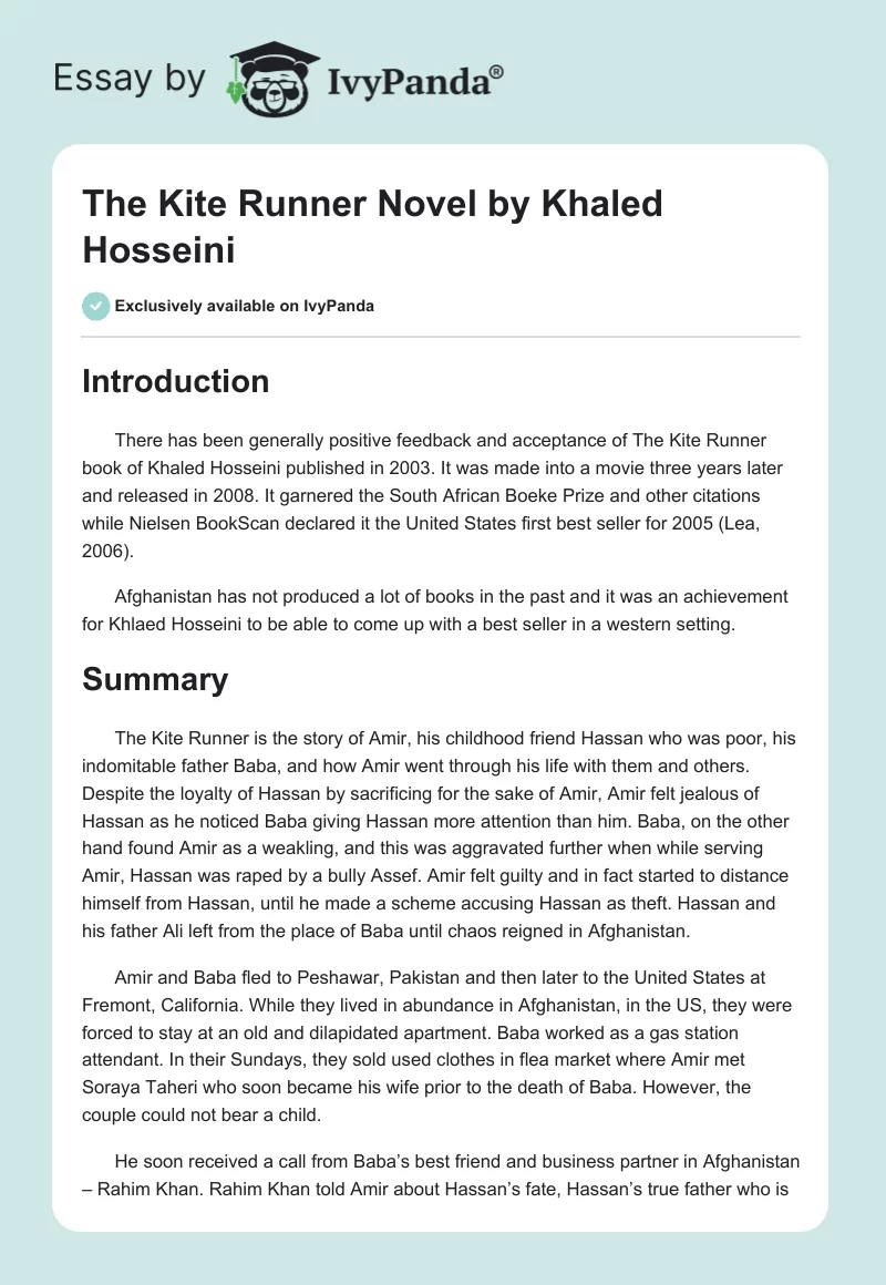 "The Kite Runner" Novel by Khaled Hosseini. Page 1