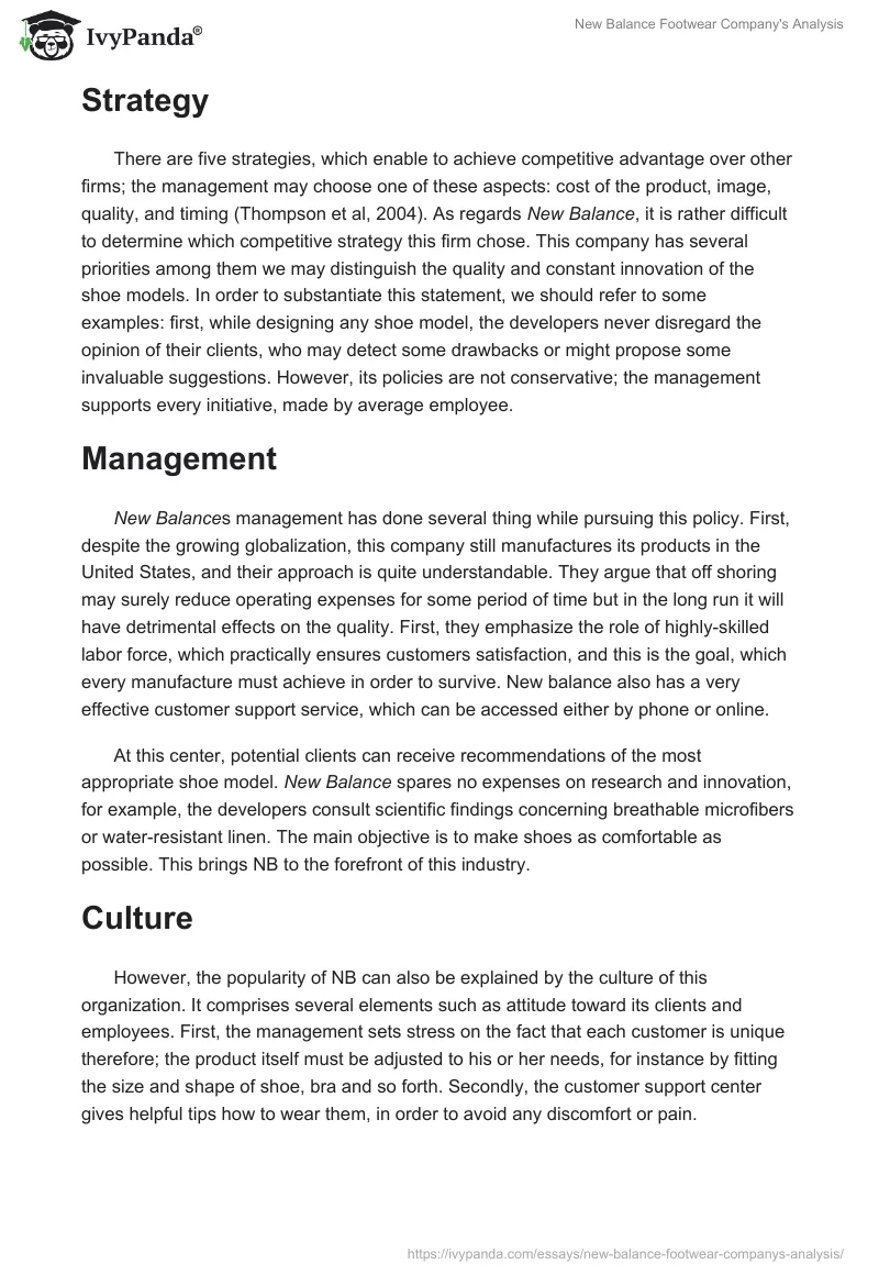New Balance Footwear Company's Analysis. Page 2