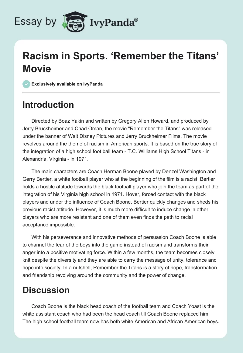 Racism in Sports. ‘Remember the Titans’ Movie. Page 1