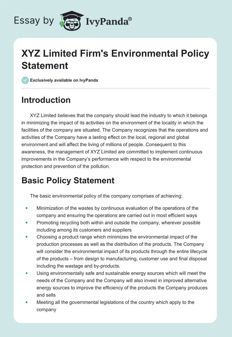 XYZ Limited Firm's Environmental Policy Statement. Page 1