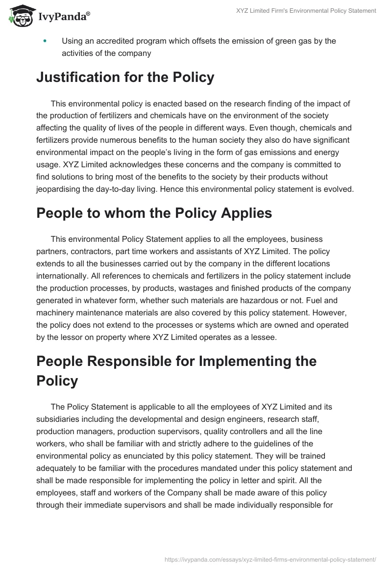 XYZ Limited Firm's Environmental Policy Statement. Page 2