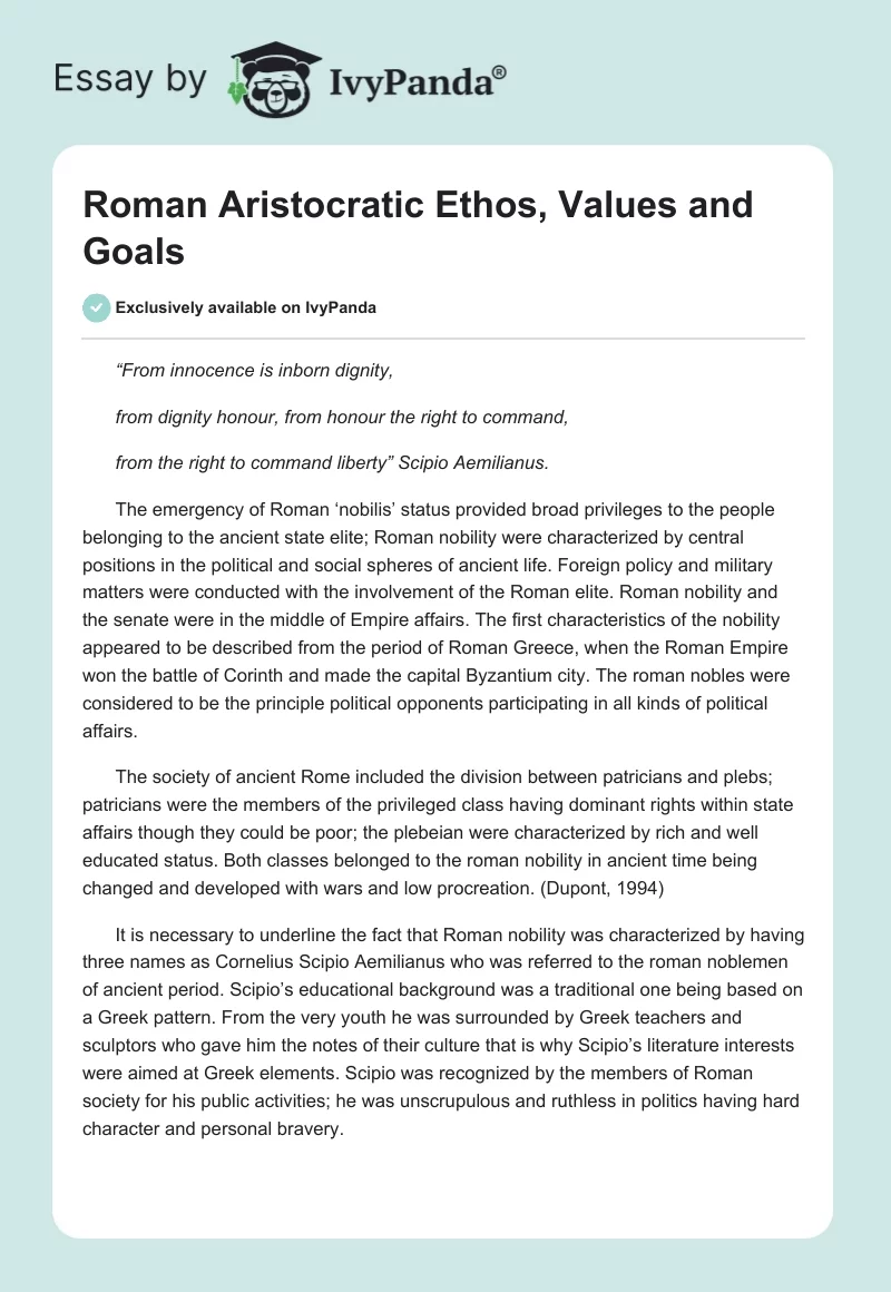 Roman Aristocratic Ethos, Values and Goals. Page 1