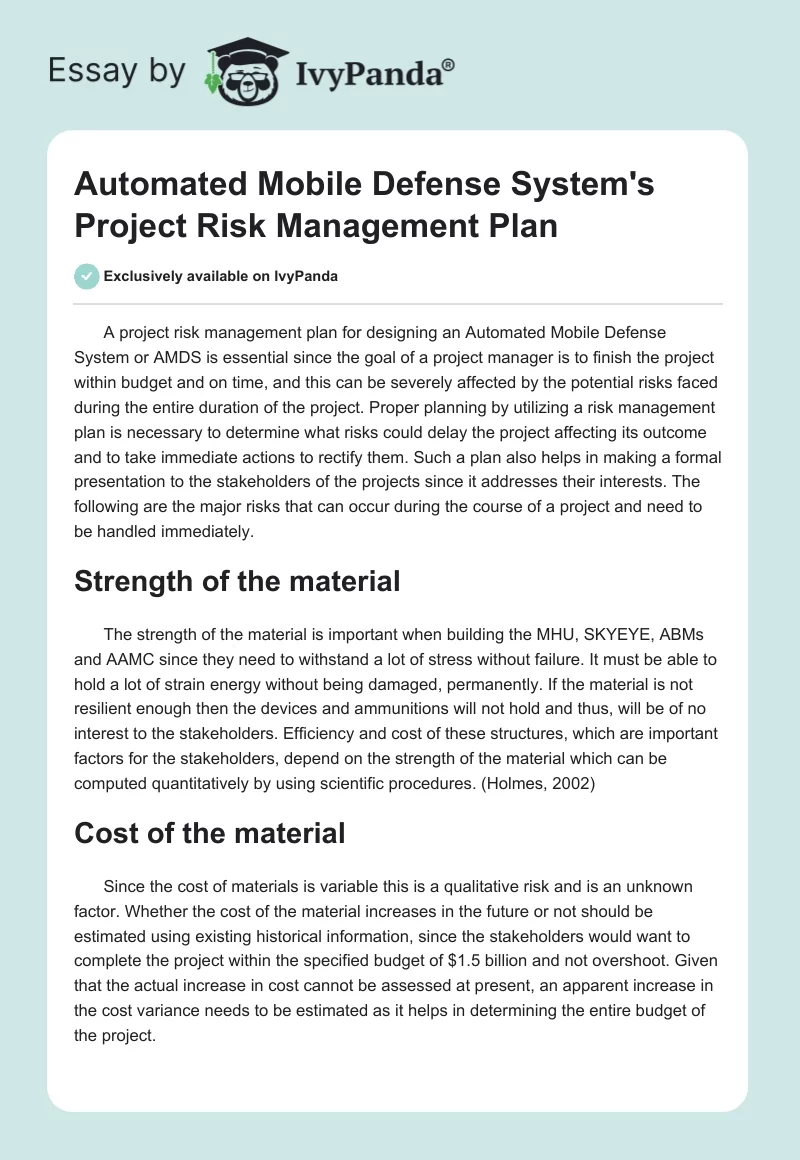 Automated Mobile Defense System's Project Risk Management Plan. Page 1