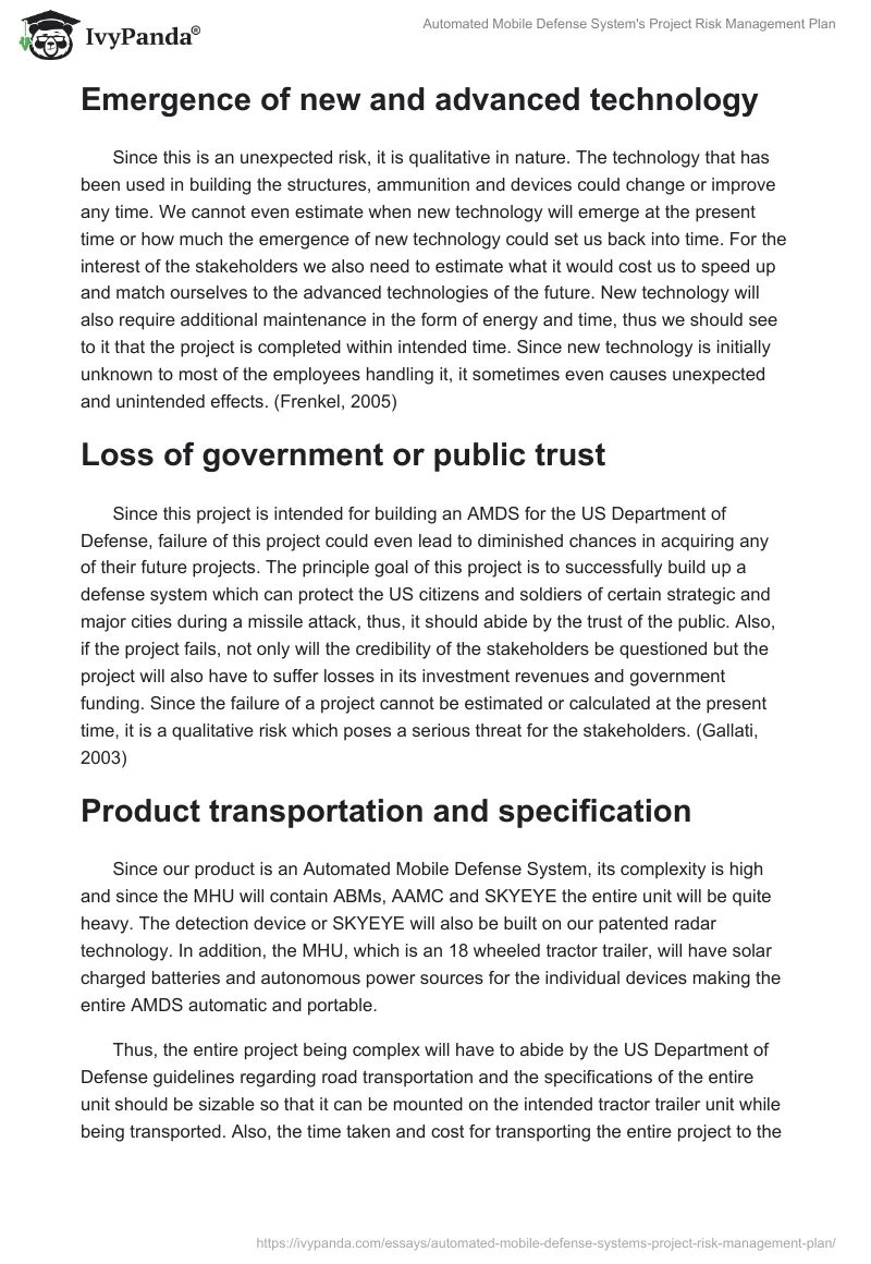 Automated Mobile Defense System's Project Risk Management Plan. Page 3