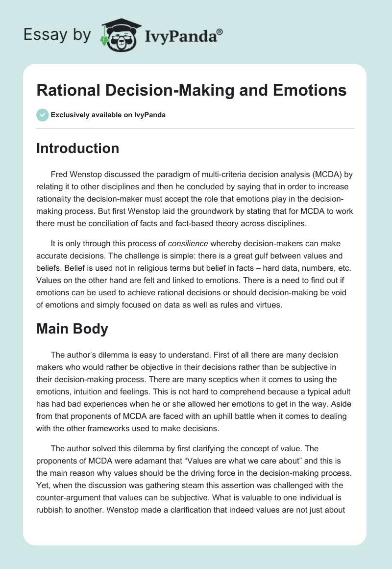 Rational Decision-Making and Emotions. Page 1
